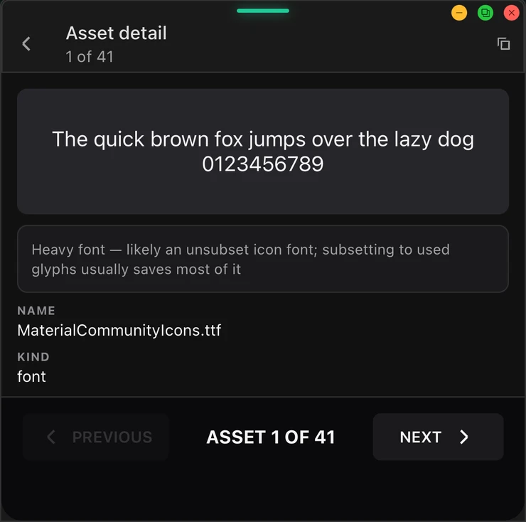 Asset detail with findings and Previous/Next stepper