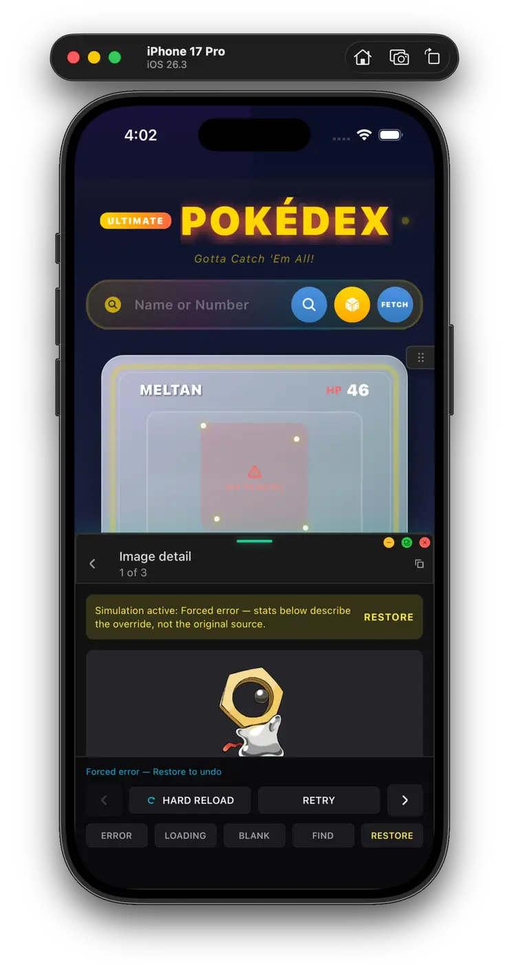 Forced error simulation showing the app’s retry UI