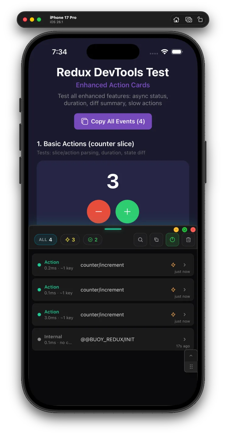 Redux action list with timing