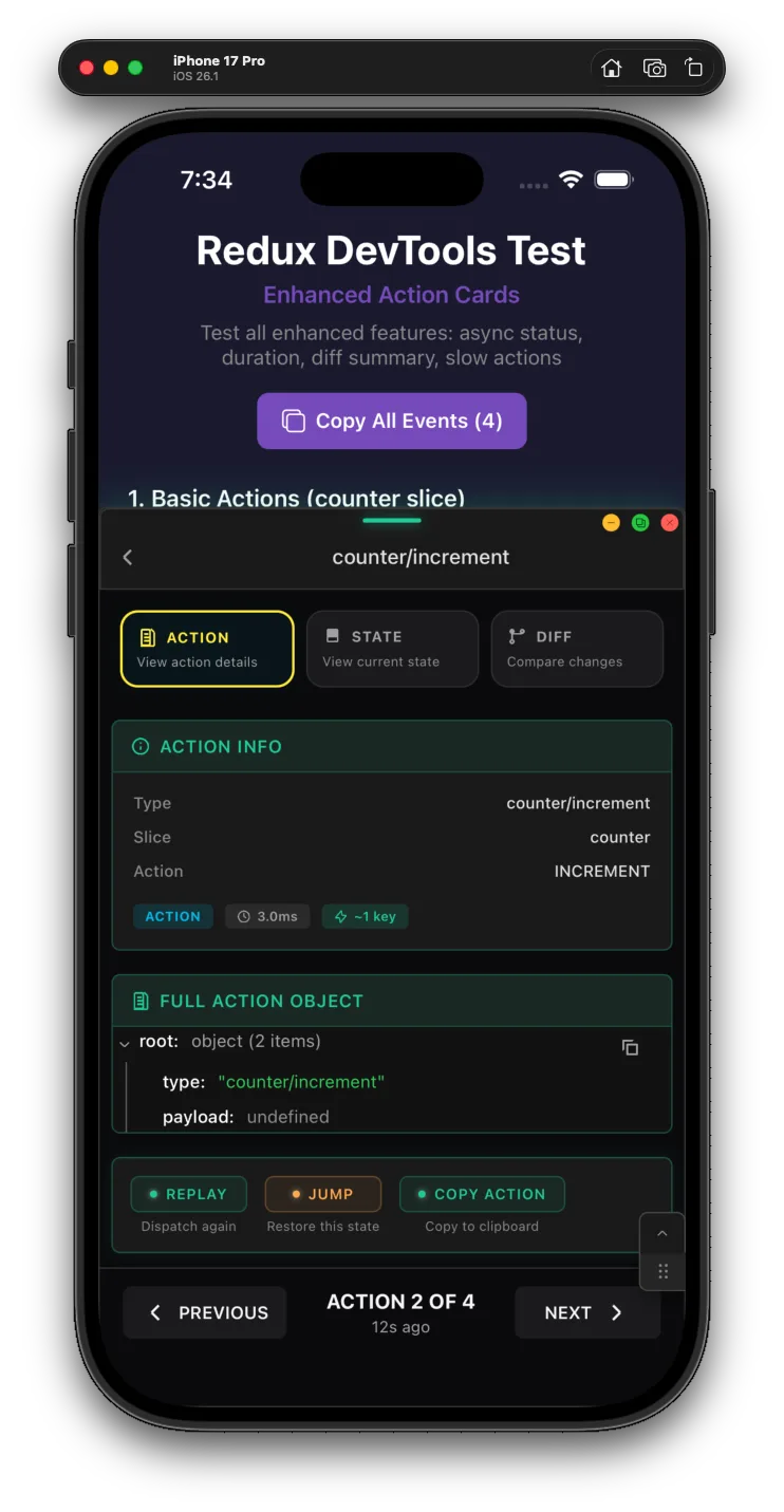 Redux action detail with replay and jump