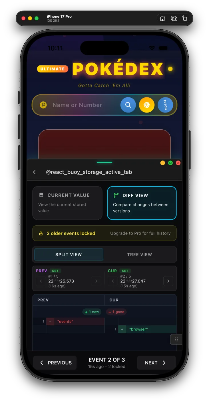 Storage value diff split view