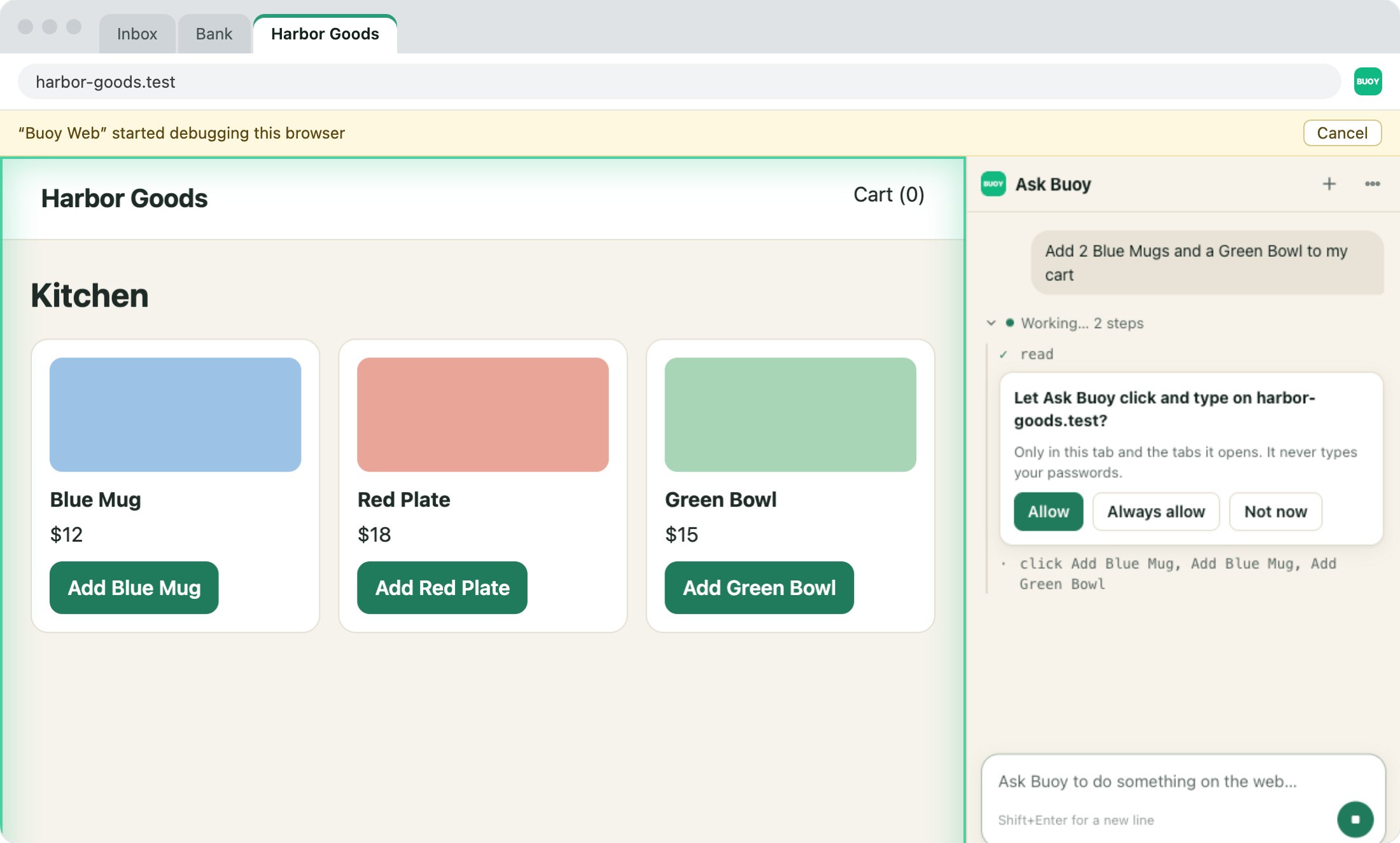 The Ask Buoy panel asks: Let Ask Buoy click and type on harbor-goods.test? with Allow, Always allow and Not now.