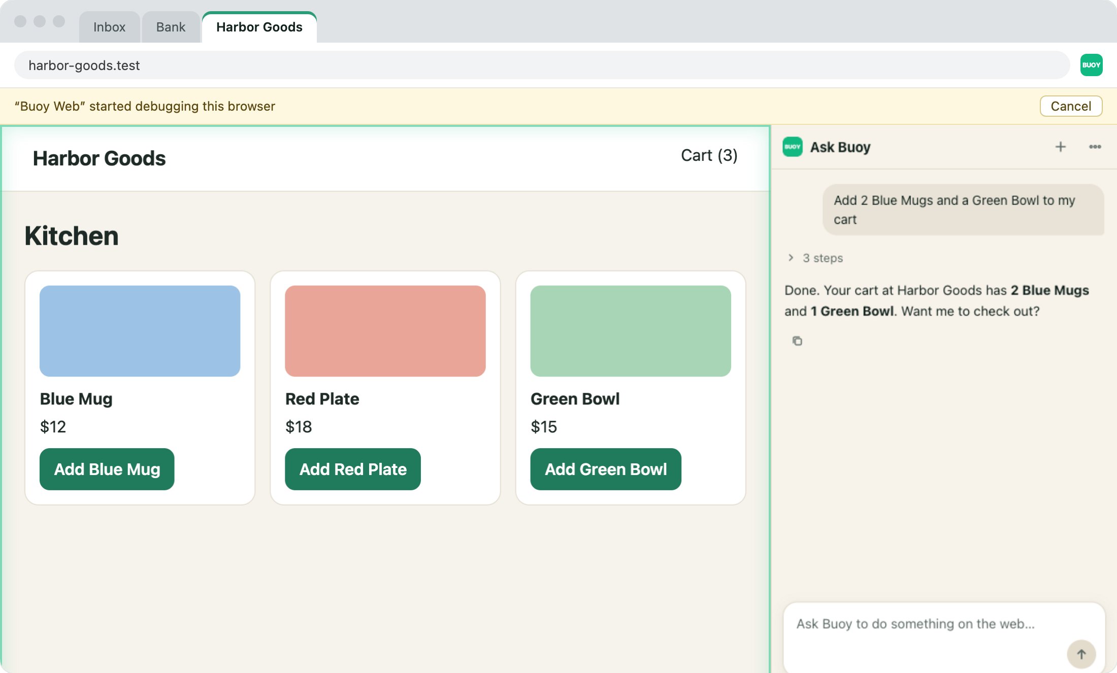 Chrome with a shop page on the left and the Ask Buoy side panel on the right. Ask Buoy added 2 Blue Mugs and a Green Bowl to the cart.