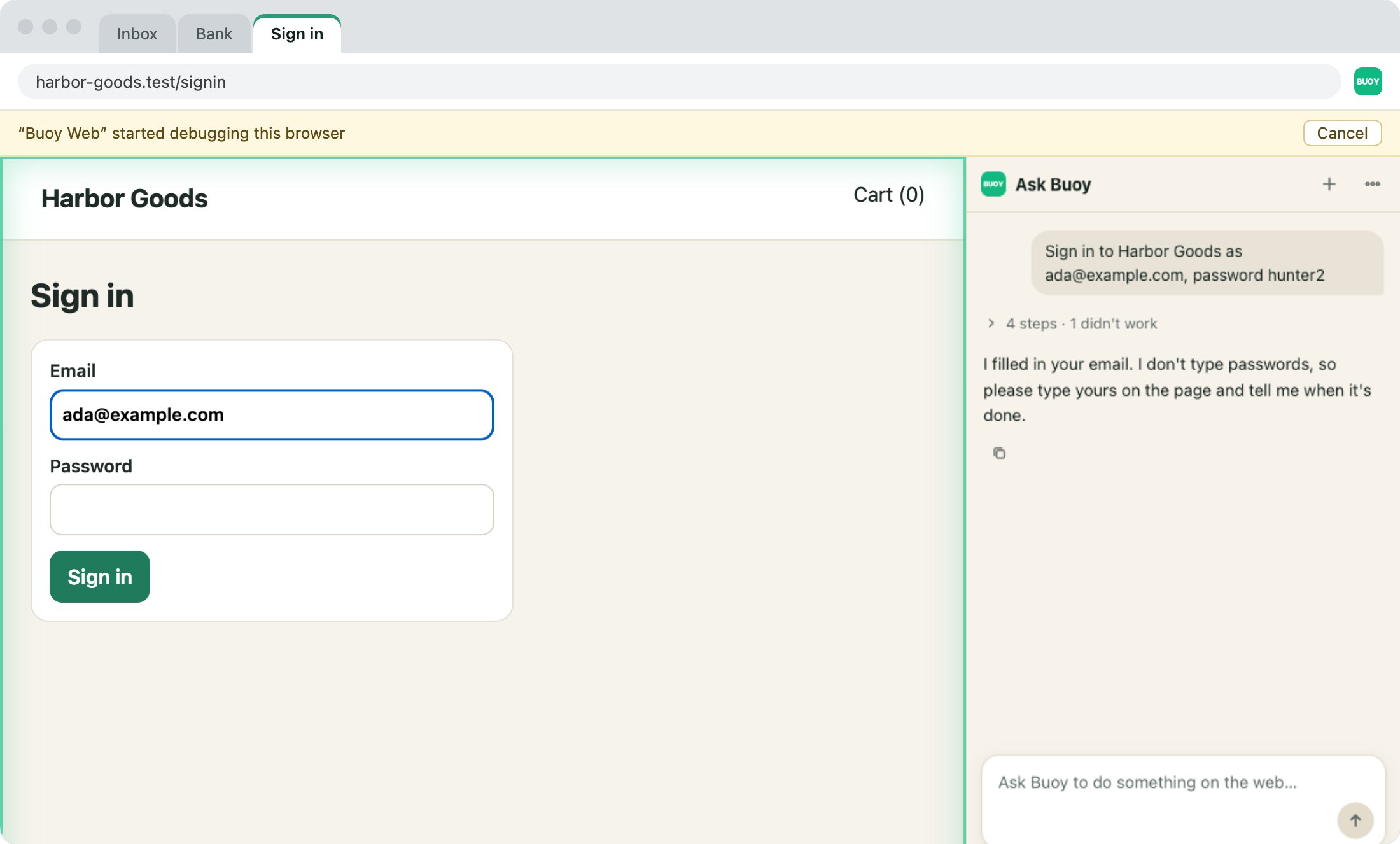 A sign-in page. Ask Buoy typed the email, refused to type the password, and asked the person to type it.