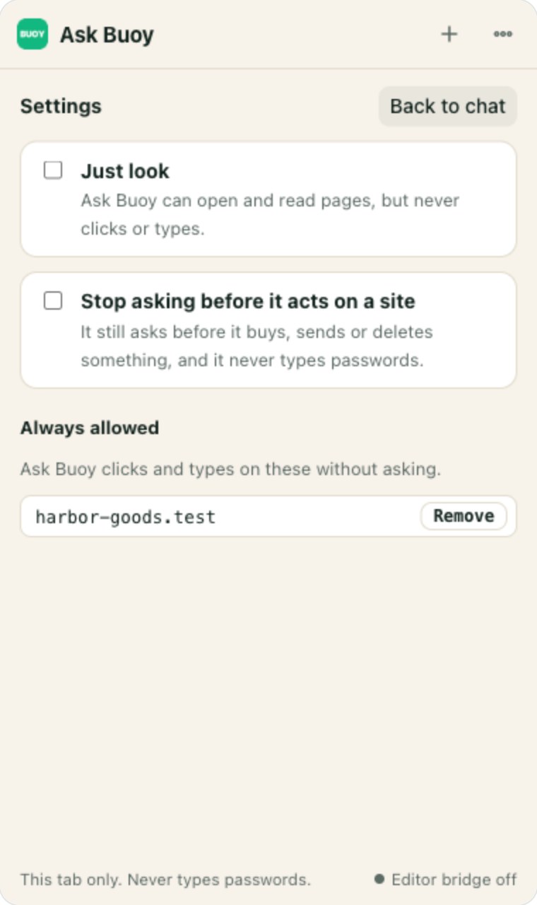 Ask Buoy settings: Just look, Stop asking and Always allowed sites.